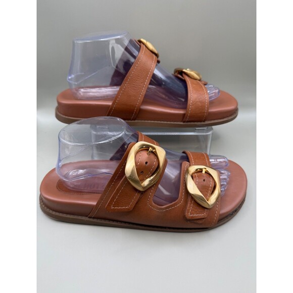 SCHUTZ Olga Sporty Womens Round Toe Gold Buckle Brown Leather Flat Sandals Sz 10 - Picture 3 of 7